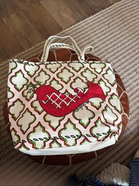 Brighton Hand-Painted Red & Green Patterned Canvas Tote Bag